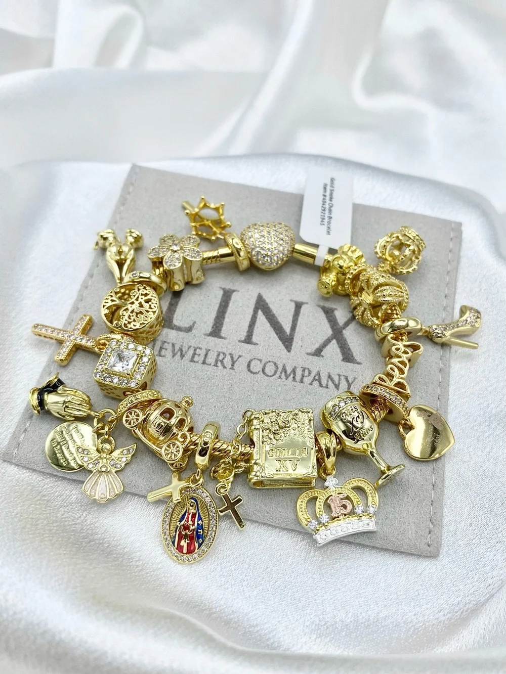 Linx Gold Snake Chain Charm Bracelet with Religious Quinceanera Themed Charms